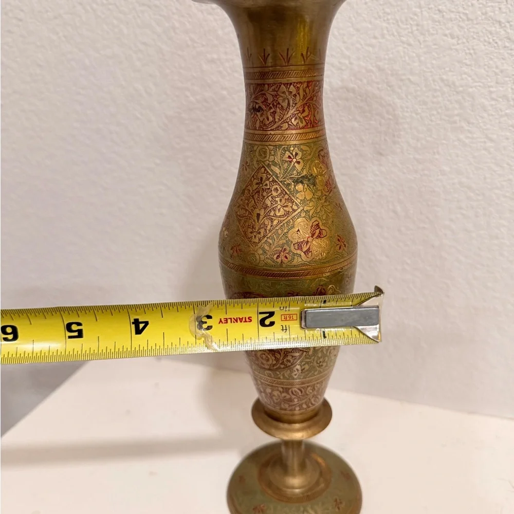 Vintage Brass Enamel Vase | Etched Floral‎ Cloisonné Style Boho Decor